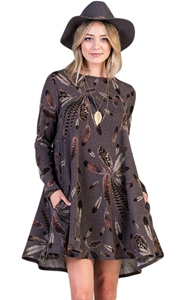 BY220210-17 Coffee Feather Graphic Pocket Tunic Dress